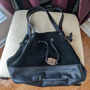 Furla black suede and leather drawstring hobo shoulder handbag